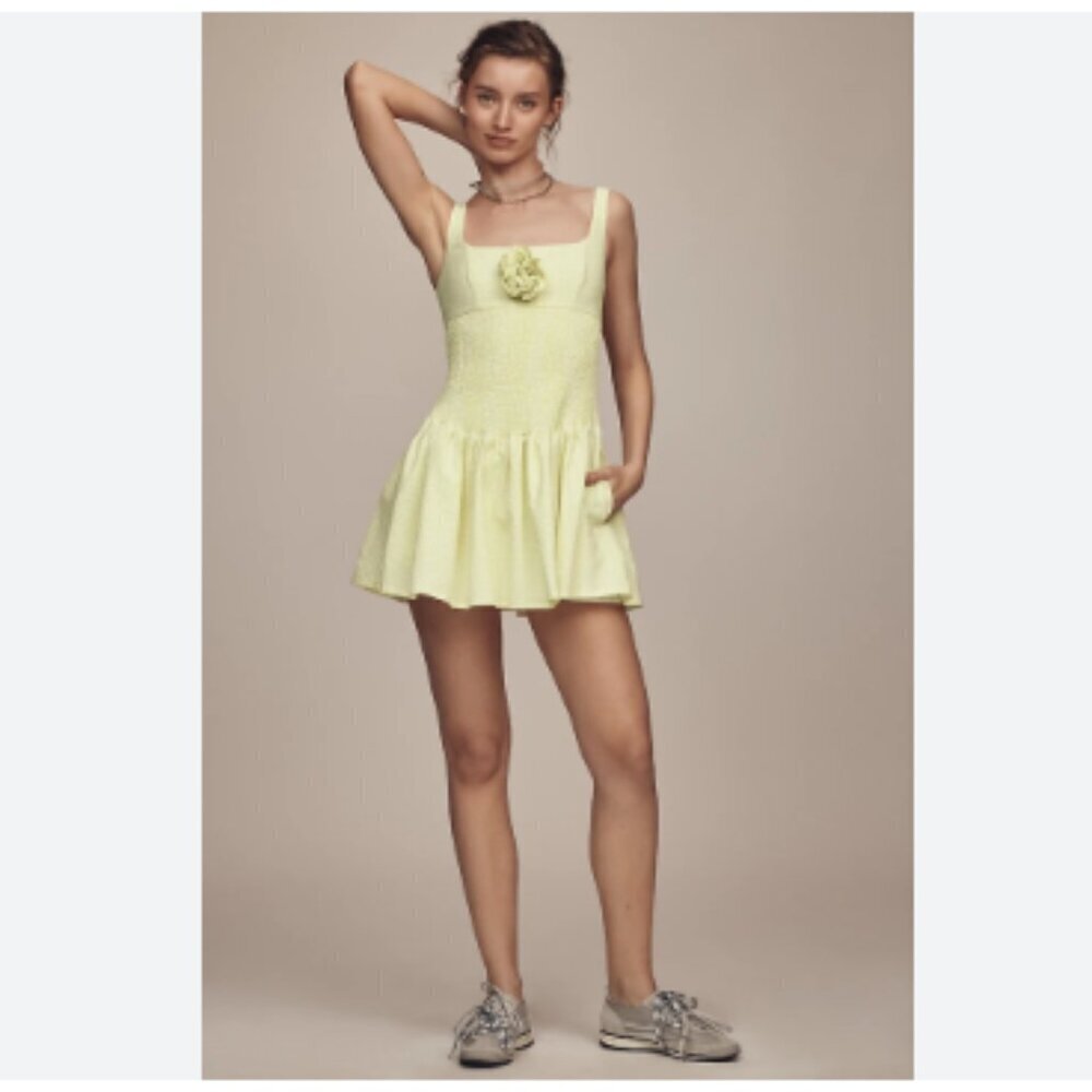 NEW Anthropologie Maeve Smocked Ballon Rosette Drop-Waist Mini Dress Size Large